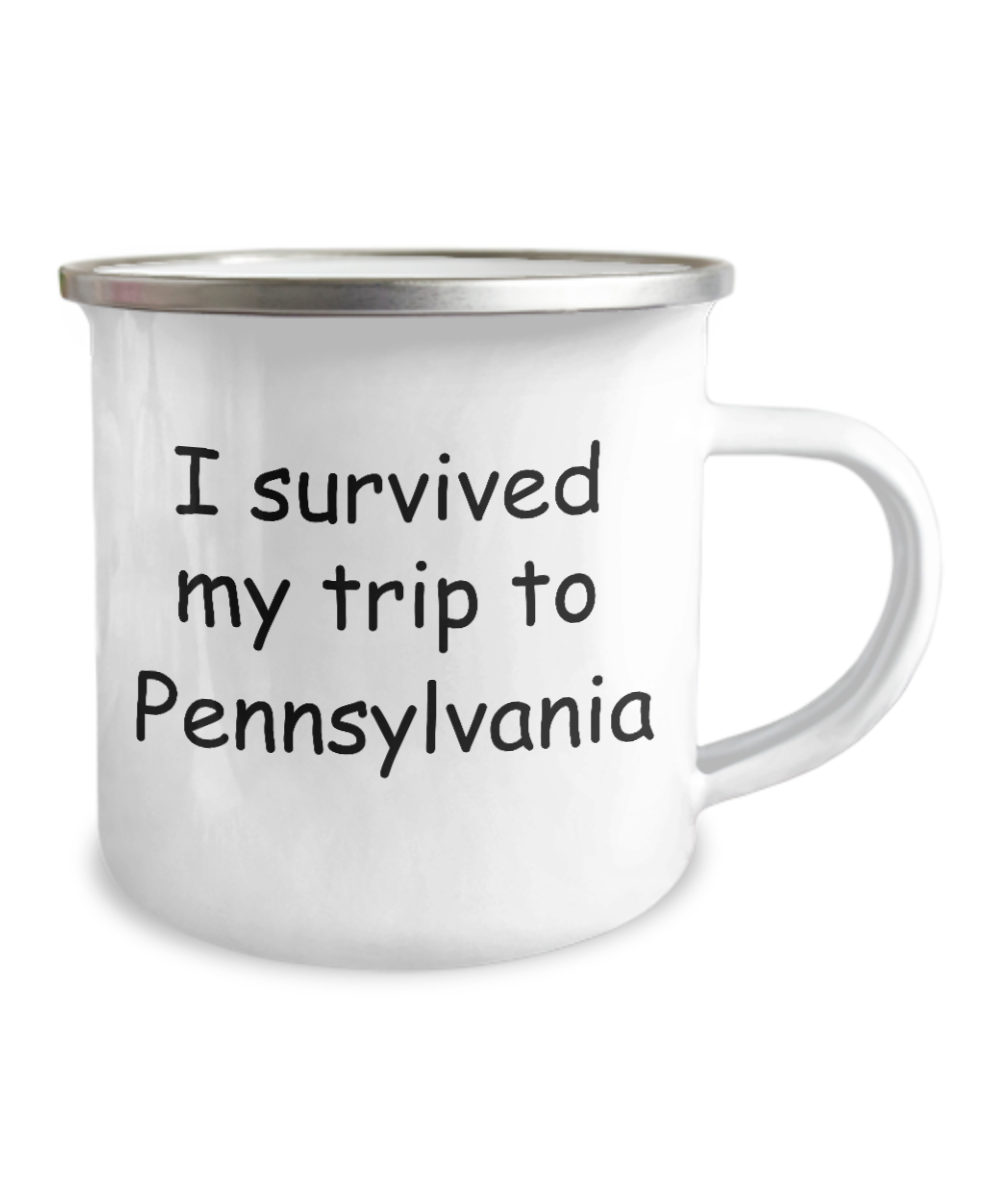 Pennsylvania mugs souvenirs , I survived my trip to Pennsylvania -12 Oz Stainless Steel Enamel Finish White Camper Coffee Mug