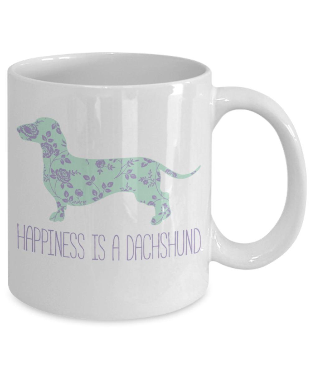 Cat Lovers Gifts , Happiness is a Dashchund - White Coffee Mug Porcelain Tea Cup 11 oz - Great Gift
