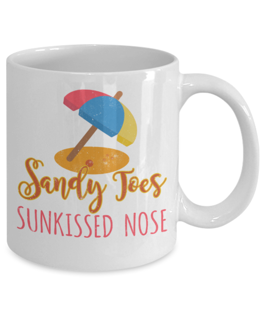 Beach Lovers Mugs, Sandy Toes Sunkissed Nose - Funny White Porcelain Coffee 11 oz