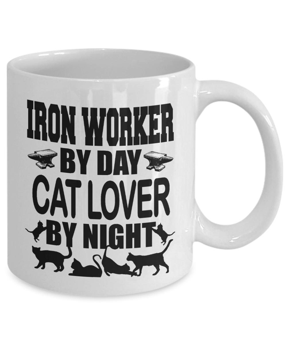 Best Blacksmith Gift Coffee mug, Iron Worker By Day Cat Lover By Night -White Porcelain Coffee Mug 11 oz for Blacksmith, Iron worker, Sheet metal Worker, Father, Husband, Gift