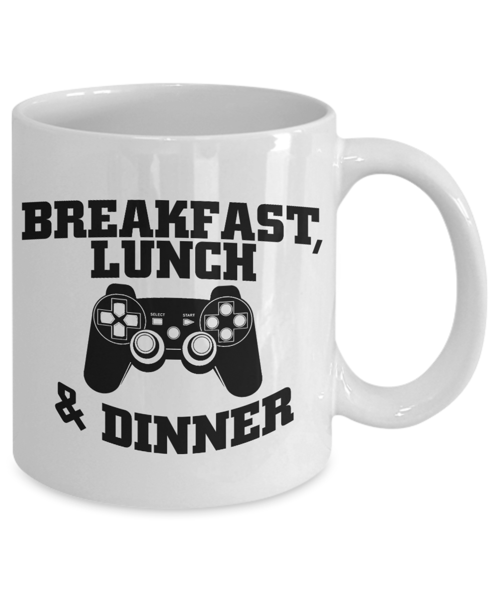 Retro Gamer Gift Coffee Mug, Breakfast, Lunch, Game & Dinner-White Porcelain Coffee Mug 11 oz For Sister,Brother,Friend,Gamer