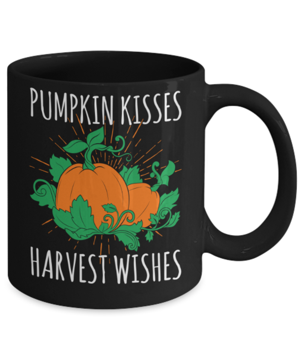 Pumpkin Lovers Mugs , Pumpkin kisses - Black Coffee Mug Porcelain Tea Cup 11 oz - Great Gift