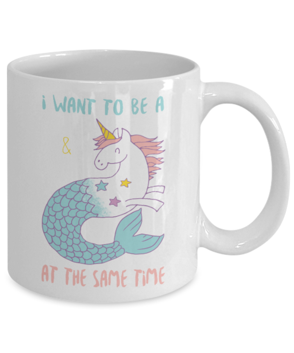 Unicorn and Mermaid - White Coffee Mug Porcelain Tea Cup 11 oz - Great Gift