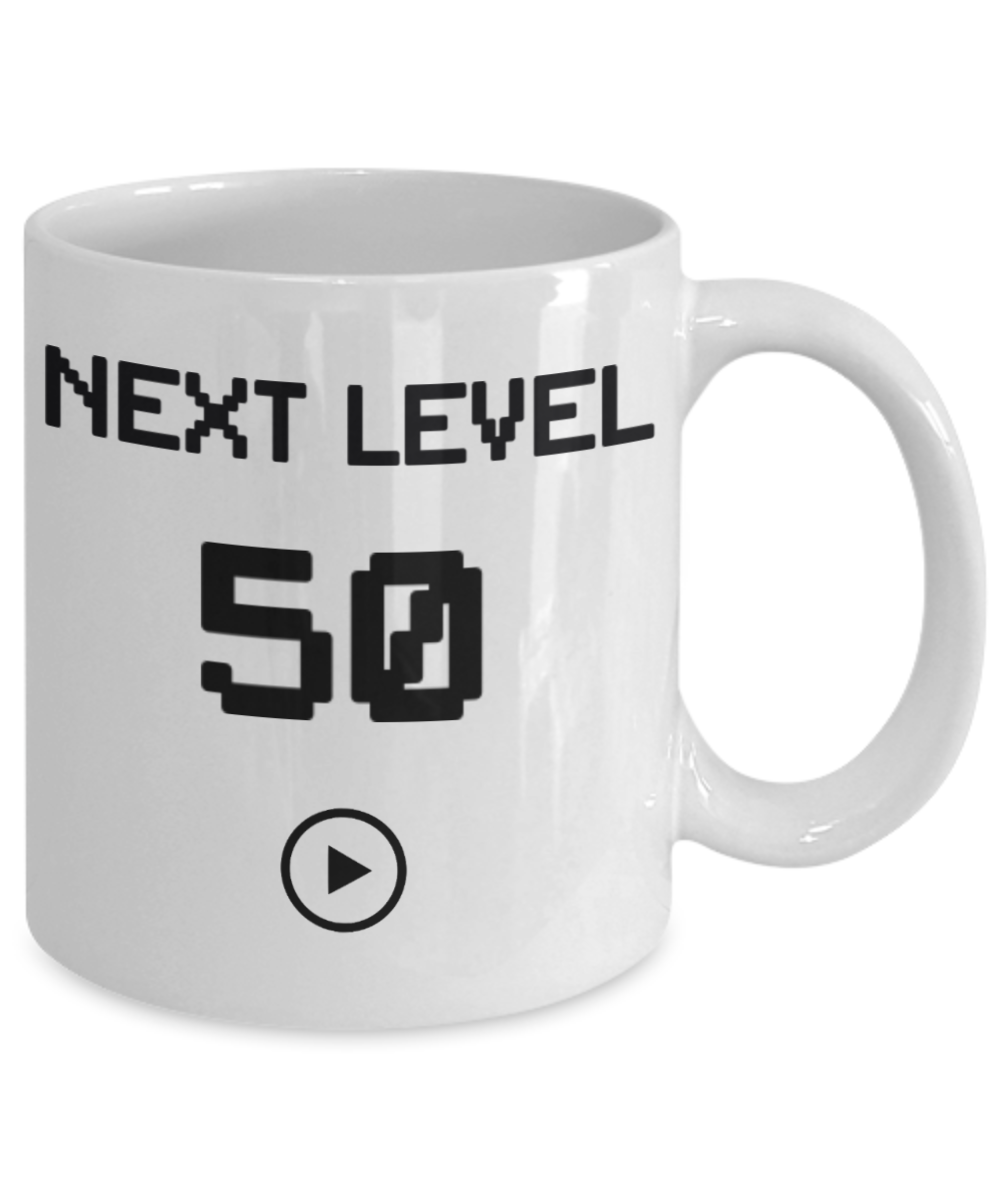 50th Birthday Coffee Mug, Next Level 50, Gamer Coffee Mug, Birthday Mug- White Porcelain Coffee Mug 11 Oz Birthday Coffee Mug