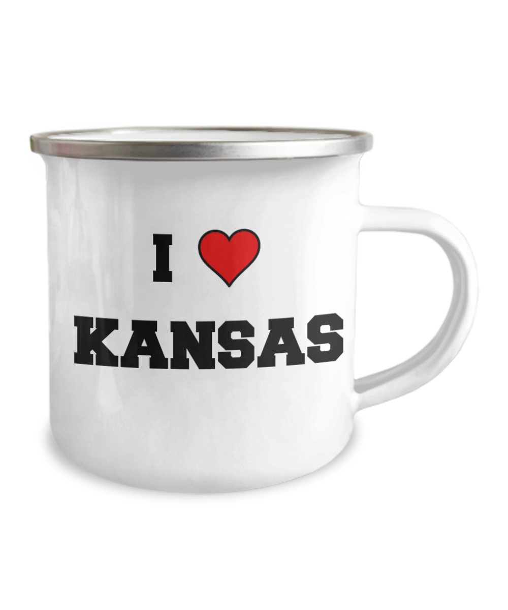 Kansas Tea Coffee Mugs, I Love Kansas USA States Souvenir Mug -12 Oz Stainless Steel Enamel Finish White Camper Coffee Mug