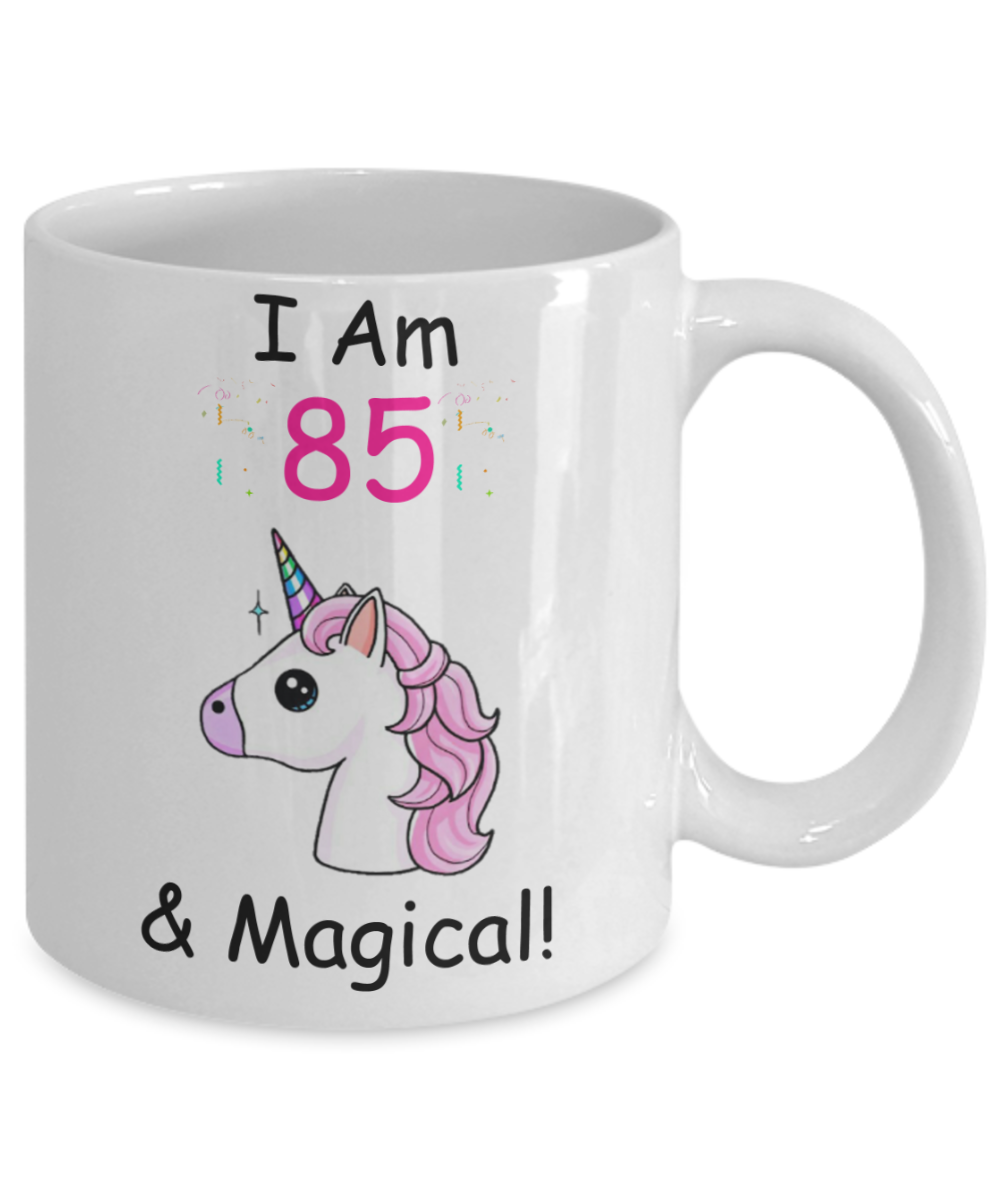 Unicorn Birthday gift 85th Birthday Gift for Women - I Am 85 & Magical Unicorn Mug - Funny White Porcelain Coffee 11 oz - Born In 1935