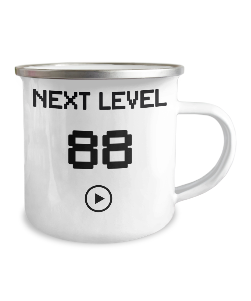 88th Birthday Coffee Mug, Next Level 88, Gamer Coffee Mug, Birthday Mug- 12 Oz Stainless Steel Enamel Finish White Camper Coffee Mug