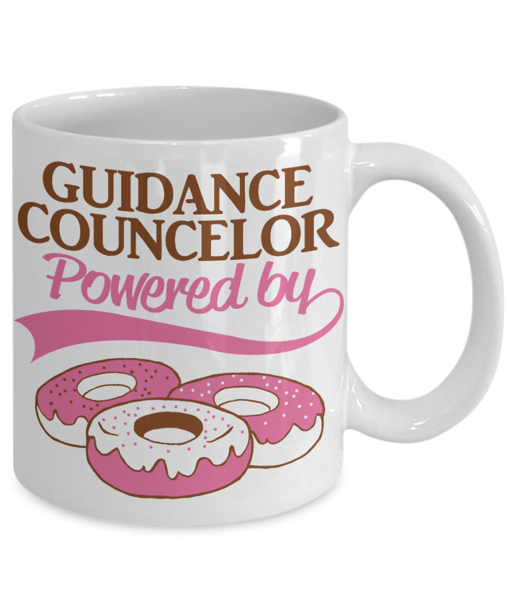 School Counselor Gift Idea, Guidance Councelor Powered by donuts -White Porcelain Coffee Mug 11 oz For Guidance Counselor, School Counselor, Therapist, Birthday, Christmas, Gifts