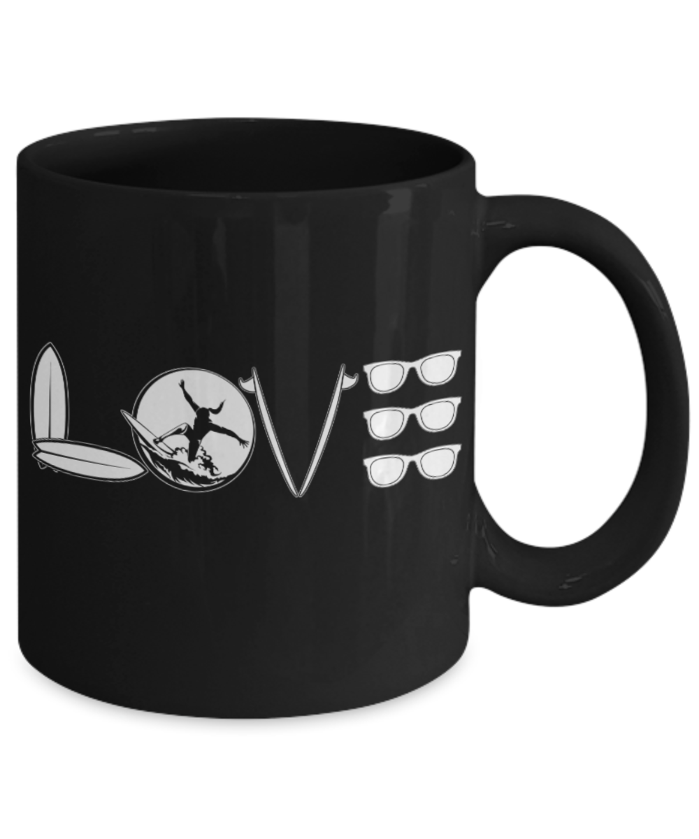 Surfing Lovers Mugs , Love Surfing - Black Coffee Mug Porcelain Tea Cup 11 oz - Great Gift