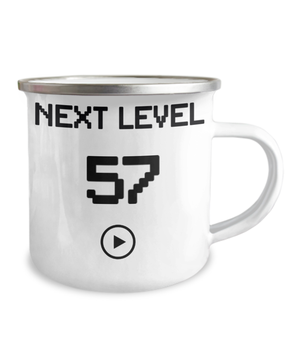 57th Birthday Coffee Mug, Next Level 57, Gamer Coffee Mug, Birthday Mug- 12 Oz Stainless Steel Enamel Finish White Camper Coffee Mug