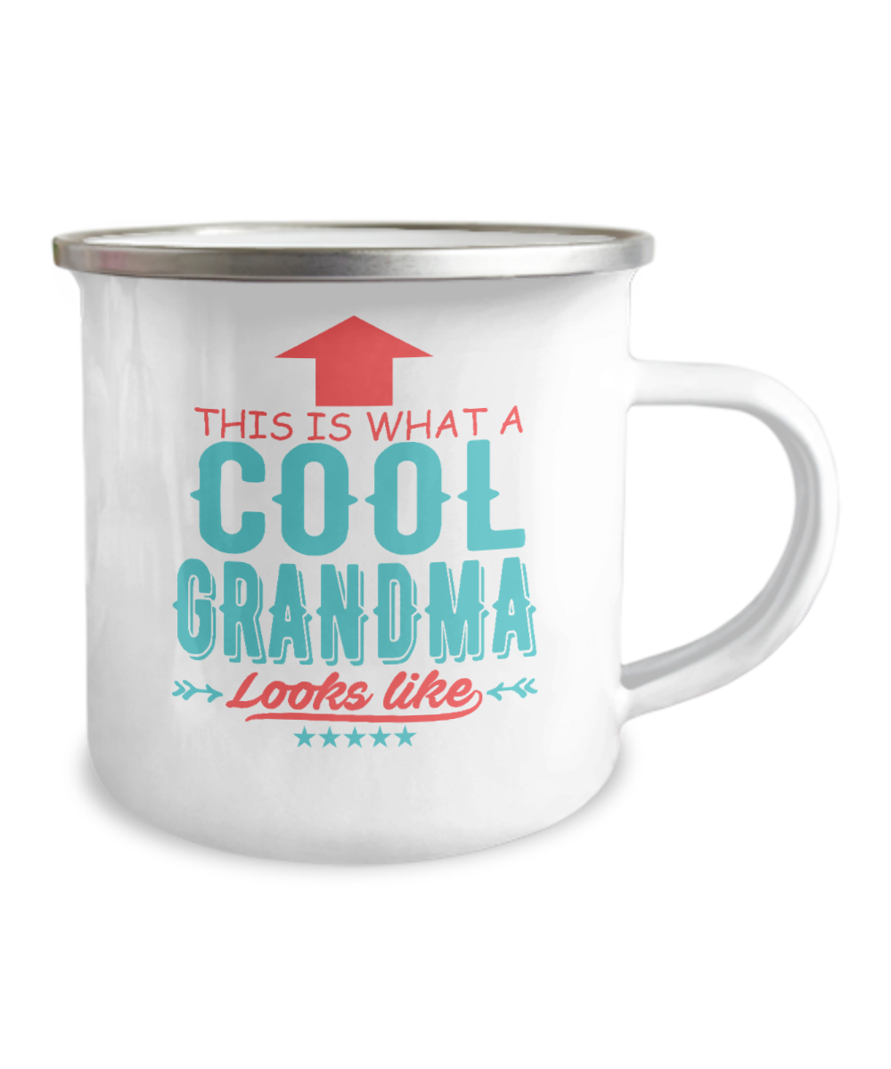 Grandma Coffee Mug, This Is What A Cool Grandma Looks Like- 12 Oz Stainless Steel Enamel Finish White Camper Coffee Mug