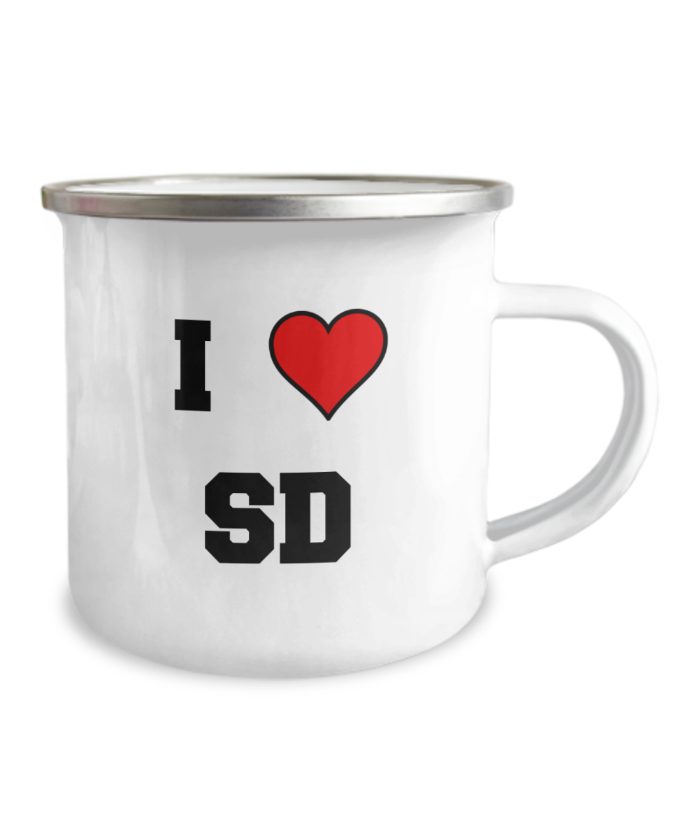 South Dakota Mug, I Love South Dakota SD Abbreviation USA States - Premium 12 Oz Stainless Steel Enamel Finish White Camper Coffee Mug