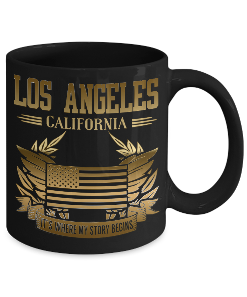 Los Angels California, It's Where My Story Begins- Black Porcelain Coffee Mug 11 Oz Funny Quotes Coffee Mug