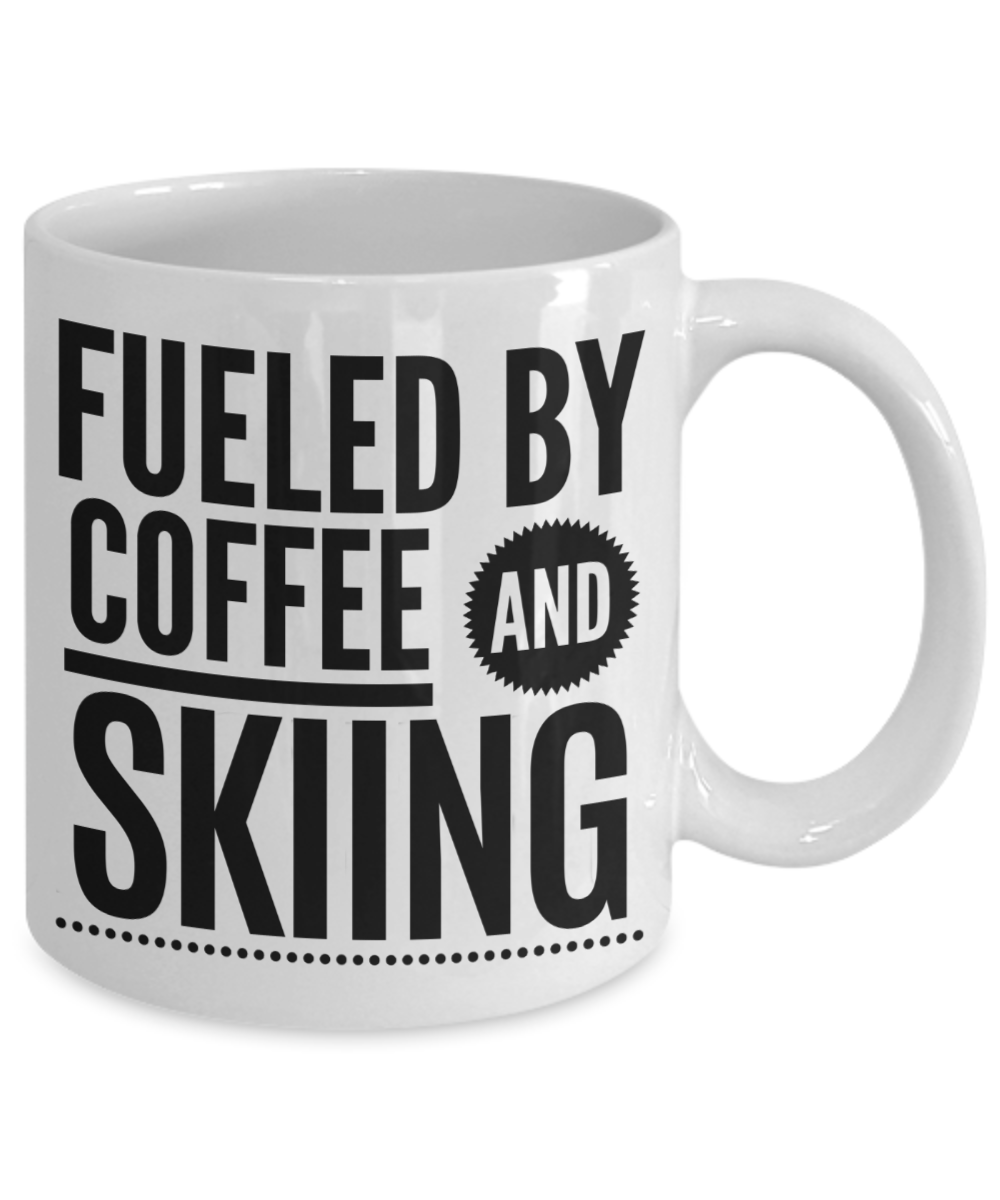 Fueled by coffee and skiing - Funny Black Porcelain Coffee Mug Cute Ceramic Cup 11 oz