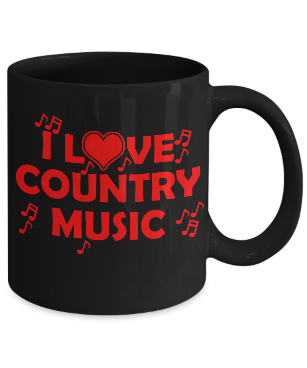 Music Lover Gift Coffee Mug, I Love Country Music-Black Porcelain Coffee Mug 11 oz For Father, Mother, Brother, Sister, drummer, Music Lover, Music Teacher