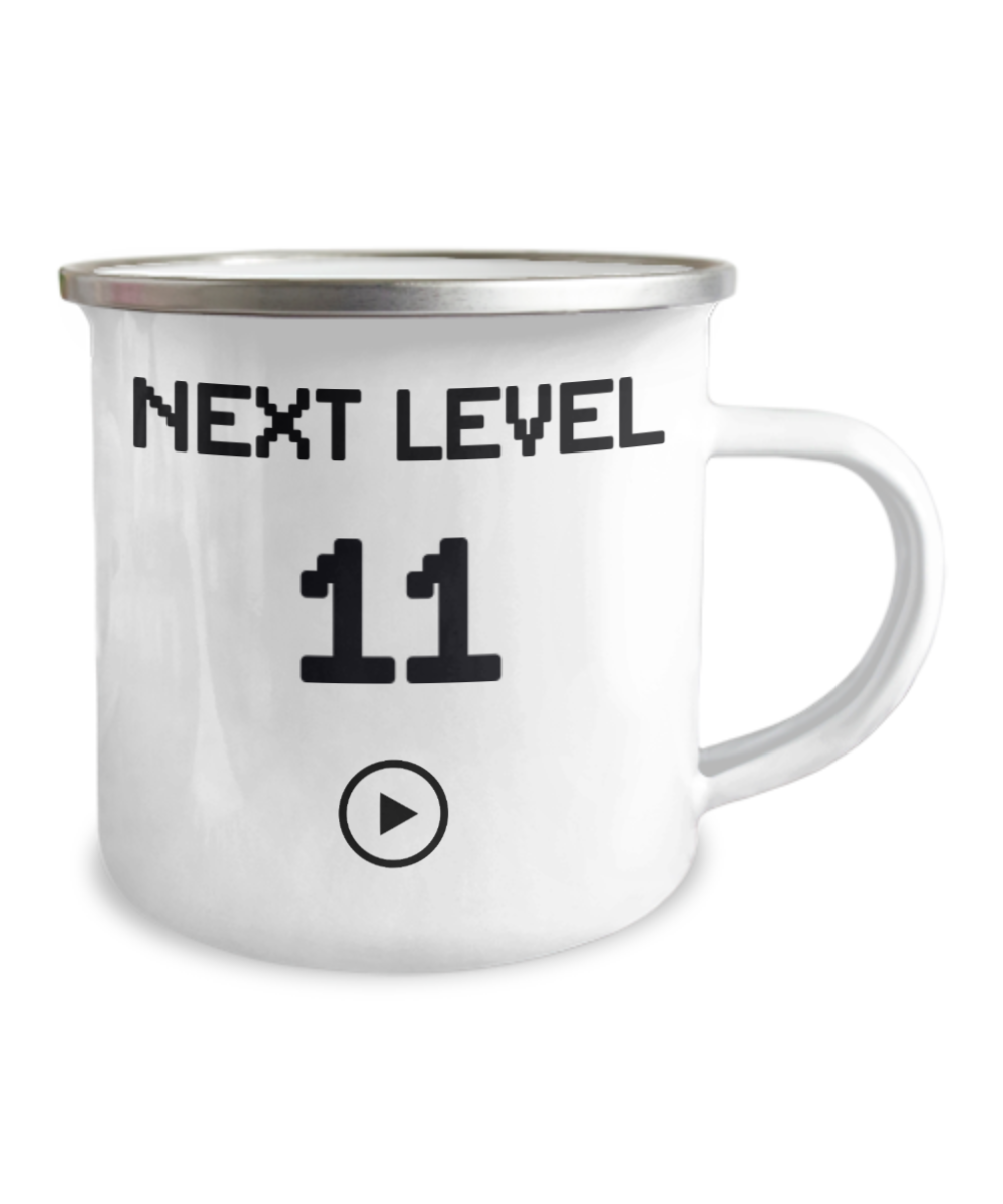 11th Birthday Gift Coffee Mug For Kids, Next Level 11, Gamer Coffee Mug, Birthday Mug- 12 Oz Stainless Steel Enamel Finish White Camper Coffee Mug