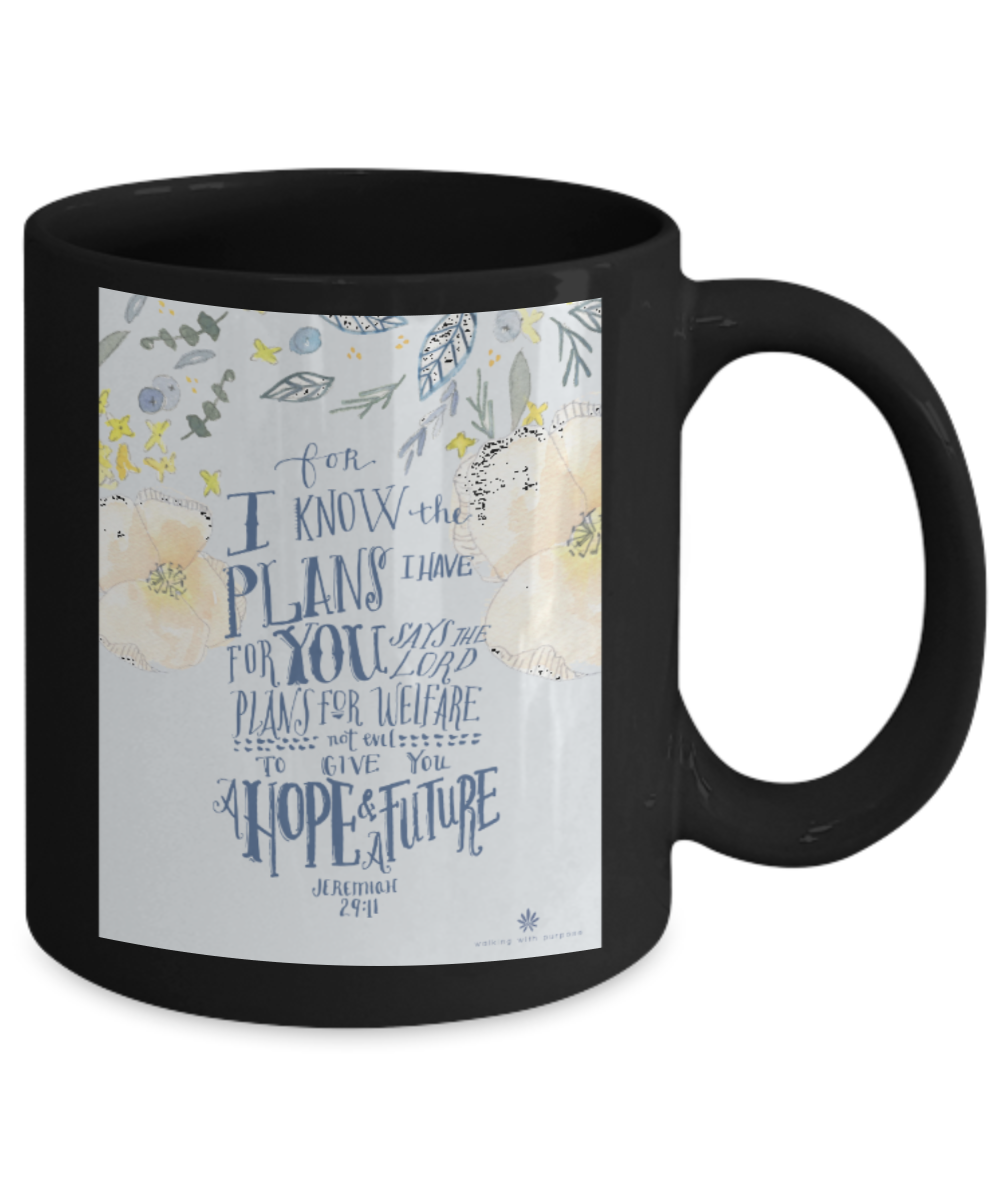 Bible gifts quotes mugs , Hope for a future - Black Coffee Mug Porcelain Tea Cup 11 oz - Great Gift