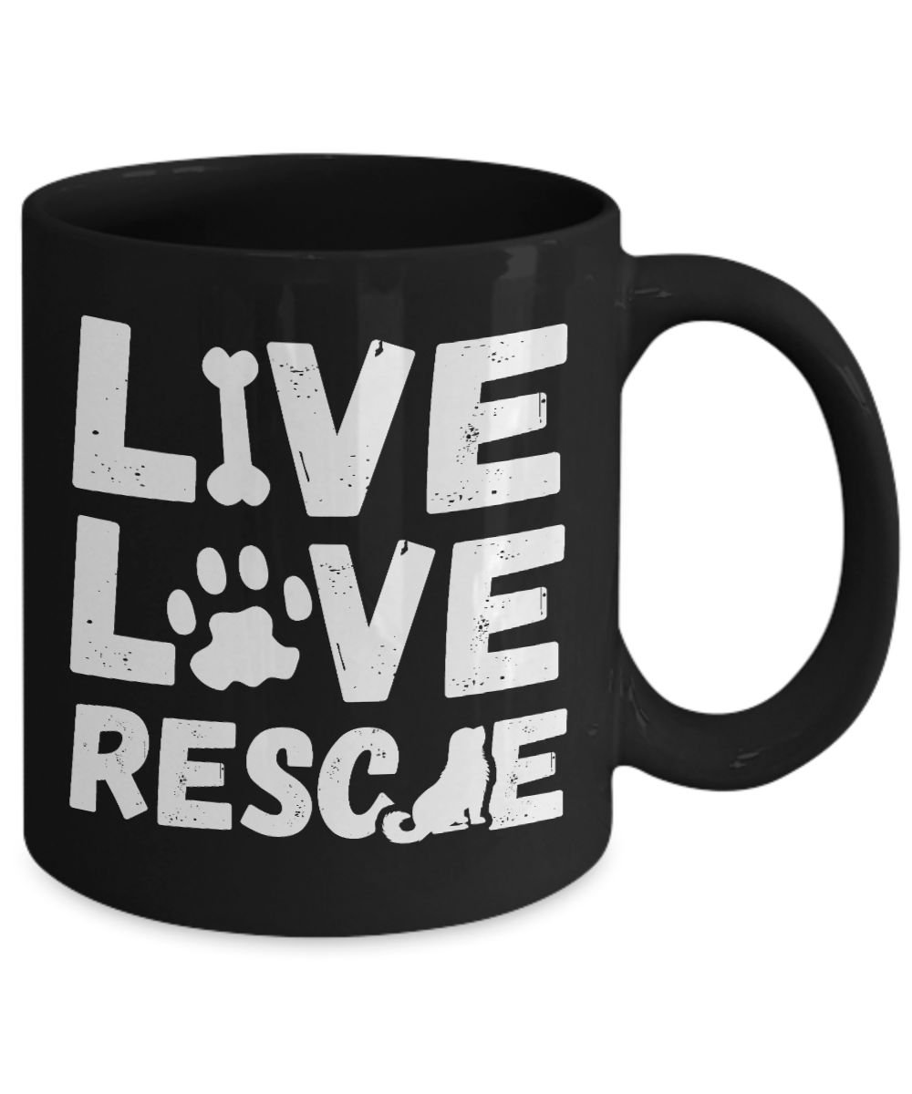 Dog Lover Coffee Mug, Live Love Rescue - Black Porcelain Coffee Mug 11 Oz For Dog Lover, Dad, Mom
