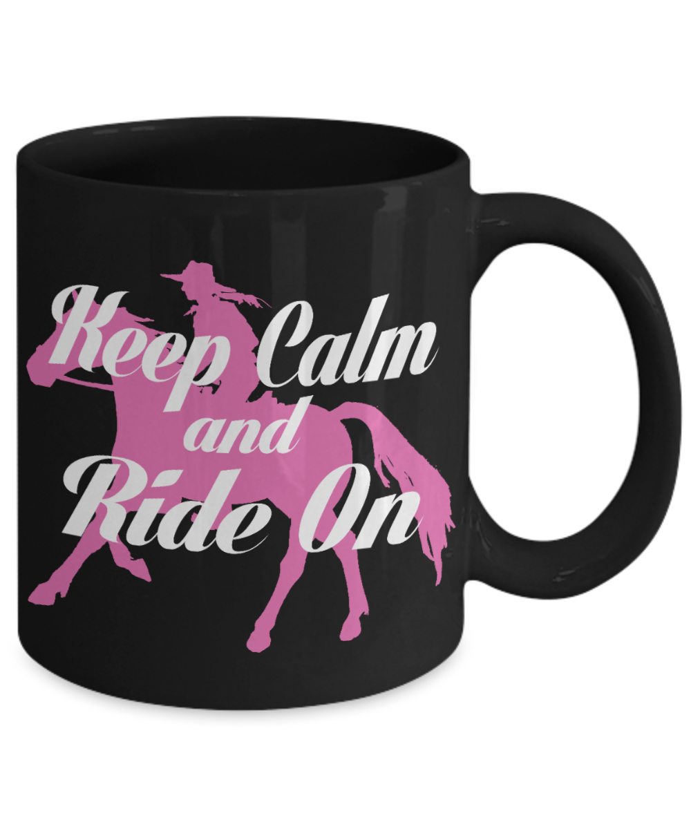 Horseback Rider Gift Coffee Mug, Keep Calm And Ride On -Black Porcelain Coffee Mug 11 oz For Horse Rider, Horse Lover, Cowgirl, Cowboy