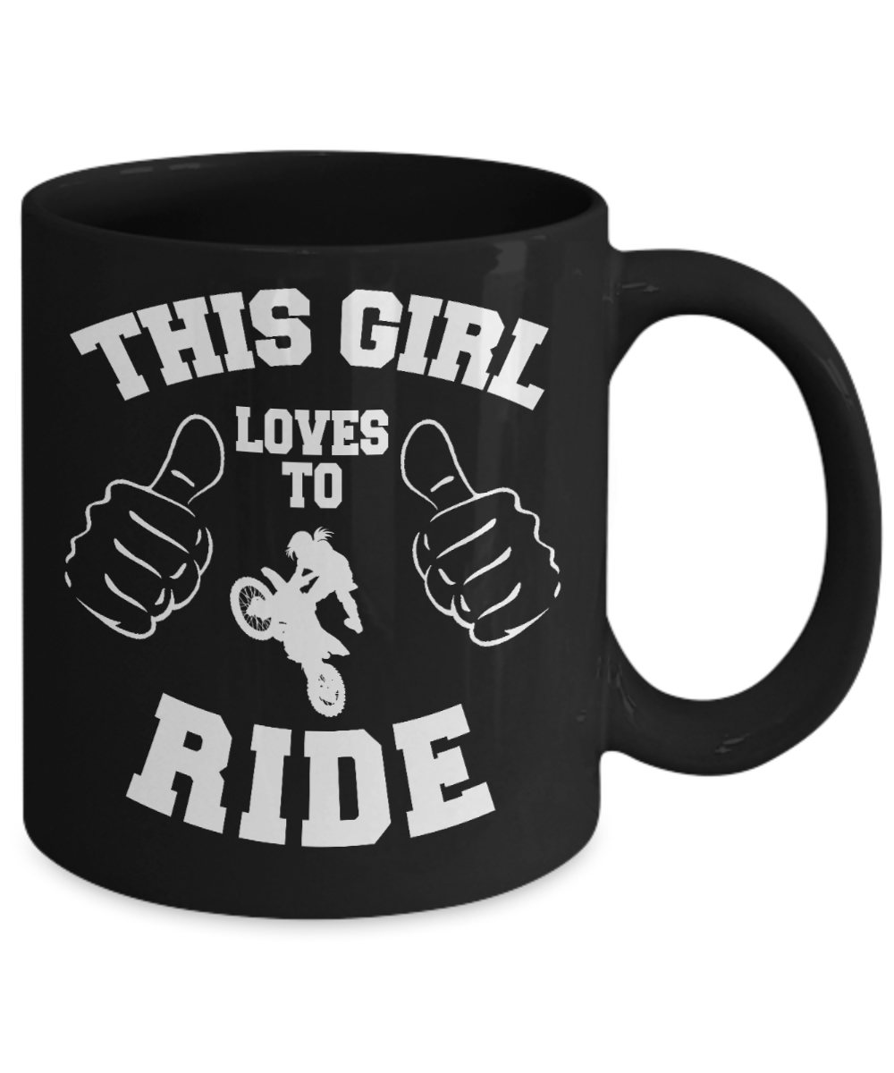Motorcycle Rider Gift Coffee Mug, This Girl Loves To Ride -Black Porcelain Coffee Mug 11 oz For Bike, Rider, Girlfriend, For Her, Mother, Sister, Women