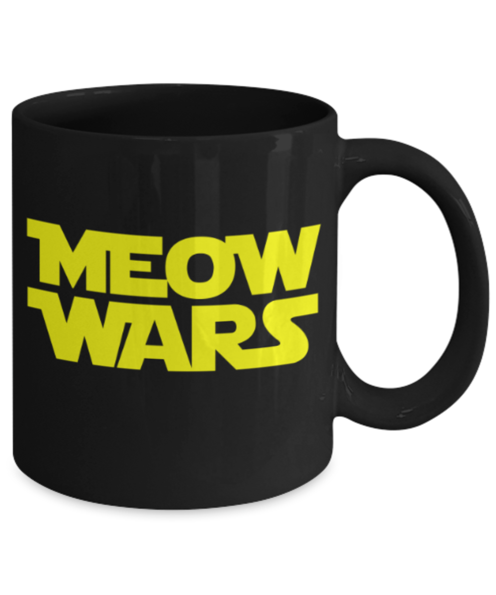Gift gor cat lovers , Meow Wars - Black Coffee Mug Porcelain Tea Cup 11 oz - Great Gift