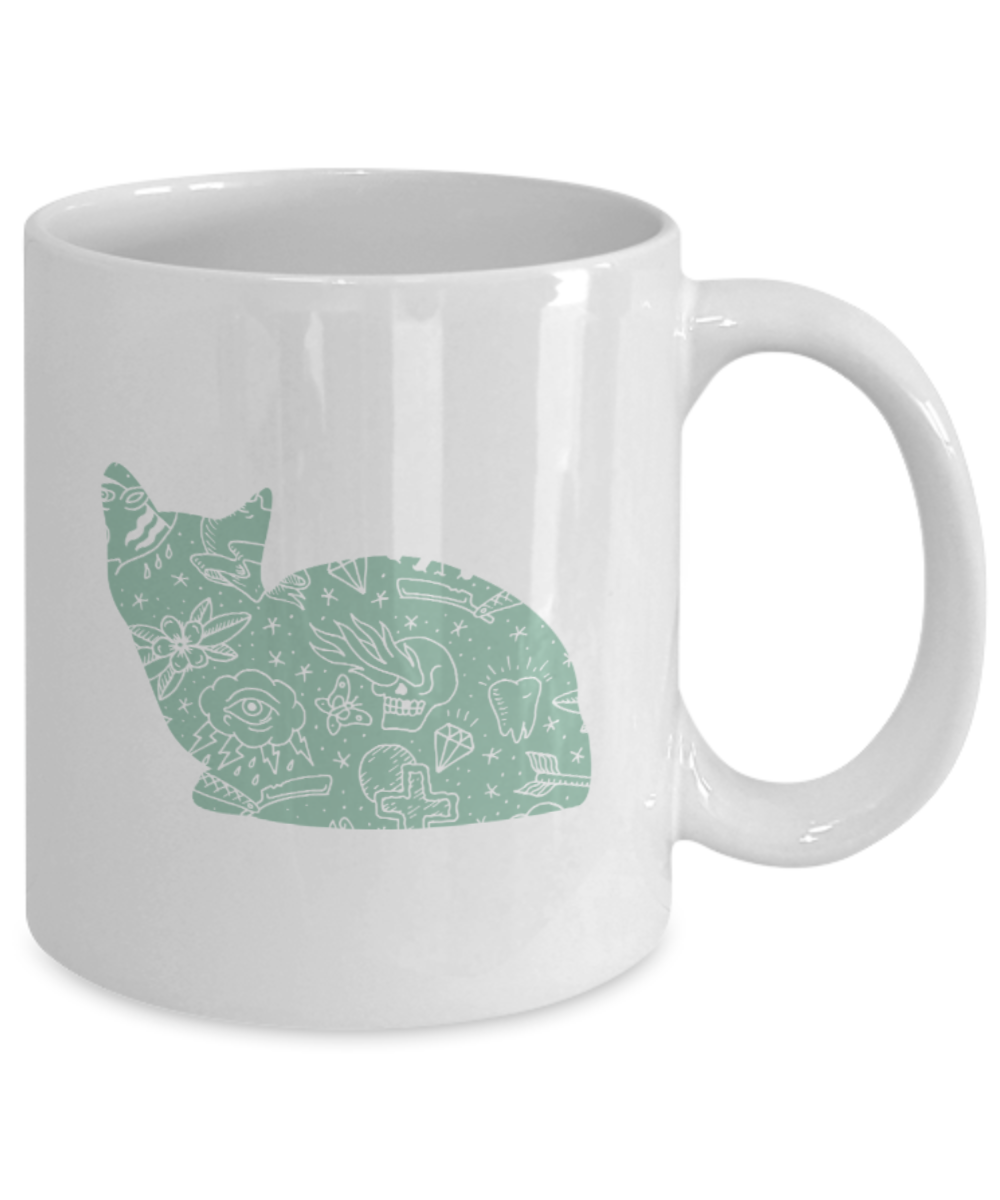 Cat Lovers Gifts , Cats & Tats - White Coffee Mug Porcelain Tea Cup 11 oz - Great Gift