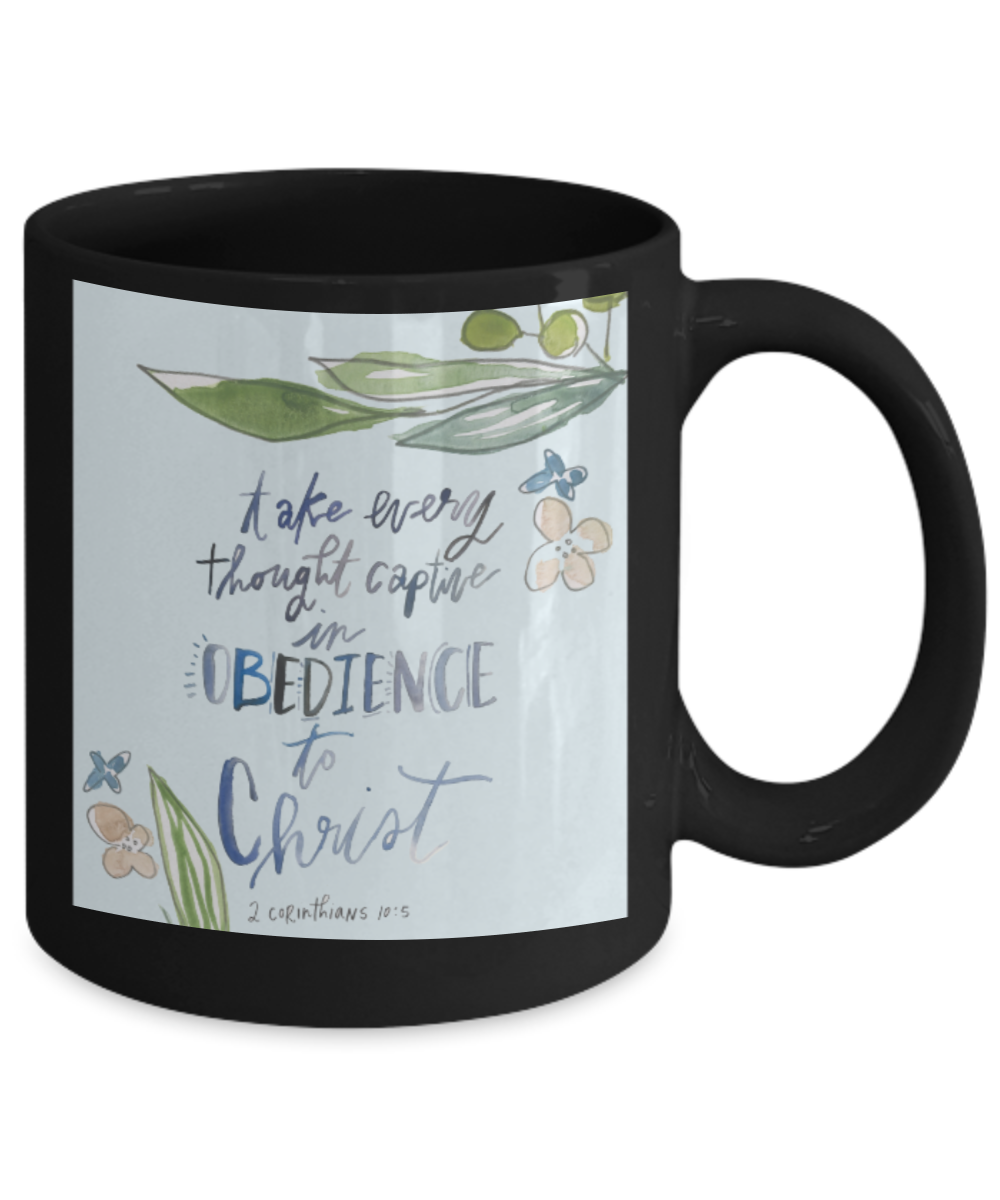 Religious coffee mugs , Obedience to Christ - Black Coffee Mug Tea Cup 11 oz Gift