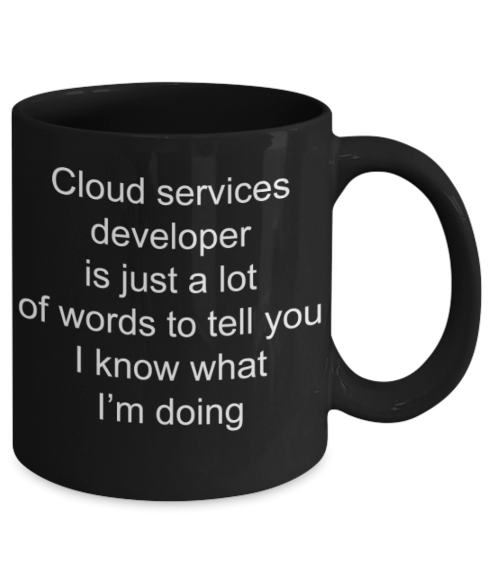 Funny mug, Cloud services developer knows what he is doing - Funny Black Porcelain Coffee Mug Cute Ceramic Cup 11 oz
