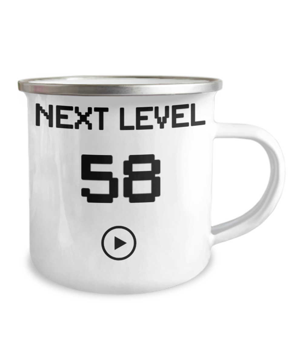 58th Birthday Coffee Mug, Next Level 58, Gamer Coffee Mug, Birthday Mug- 12 Oz Stainless Steel Enamel Finish White Camper Coffee Mug