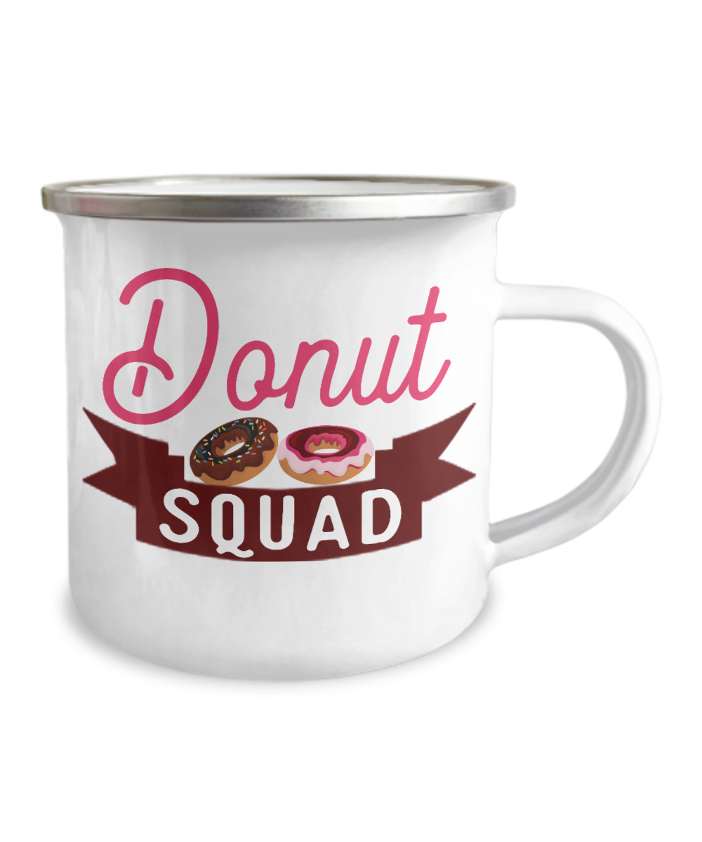 Donut Lover Gift Coffee Mug, Donut Squad- 12 Oz Stainless Steel Enamel Finish White Camper Coffee Mug