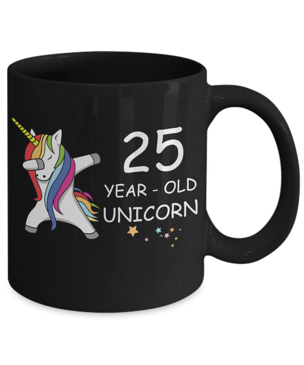 25th Birthday Gift for Women - 25 Year Old Unicorn Dabbing Mug - Funny Black Porcelain Coffee 11 oz for Grandma, Mom, Sister, Best Friend, Women, Her - Legends are Born In 1995