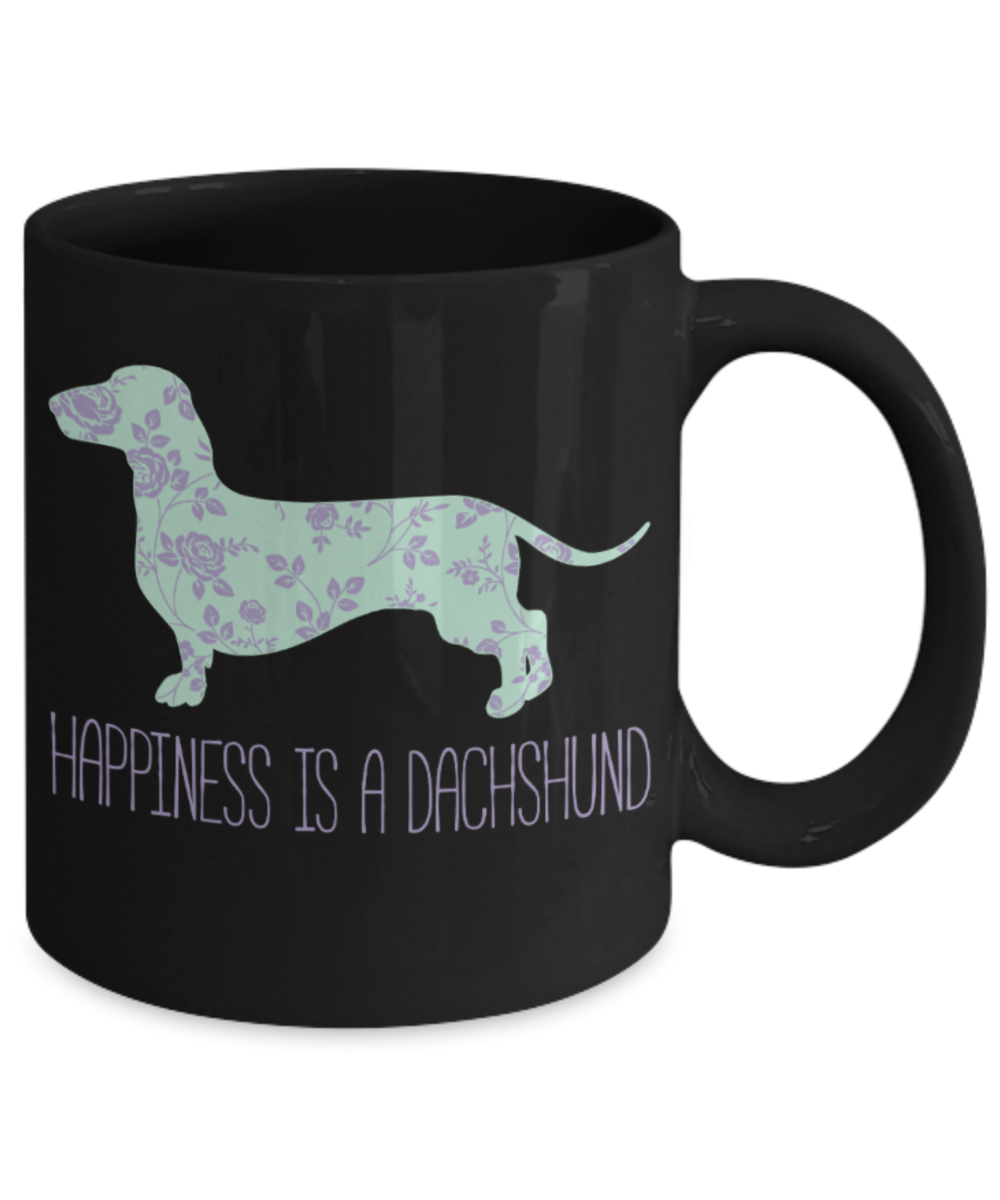 Dog Lovers Gifts , Happiness is a Dashchund - Black Coffee Mug Porcelain Tea Cup 11 oz - Great Gift