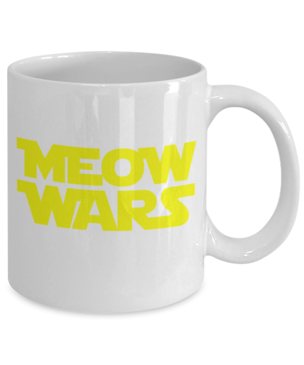 Gift gor cat lovers , Meow Wars - White Coffee Mug Porcelain Tea Cup 11 oz - Great Gift