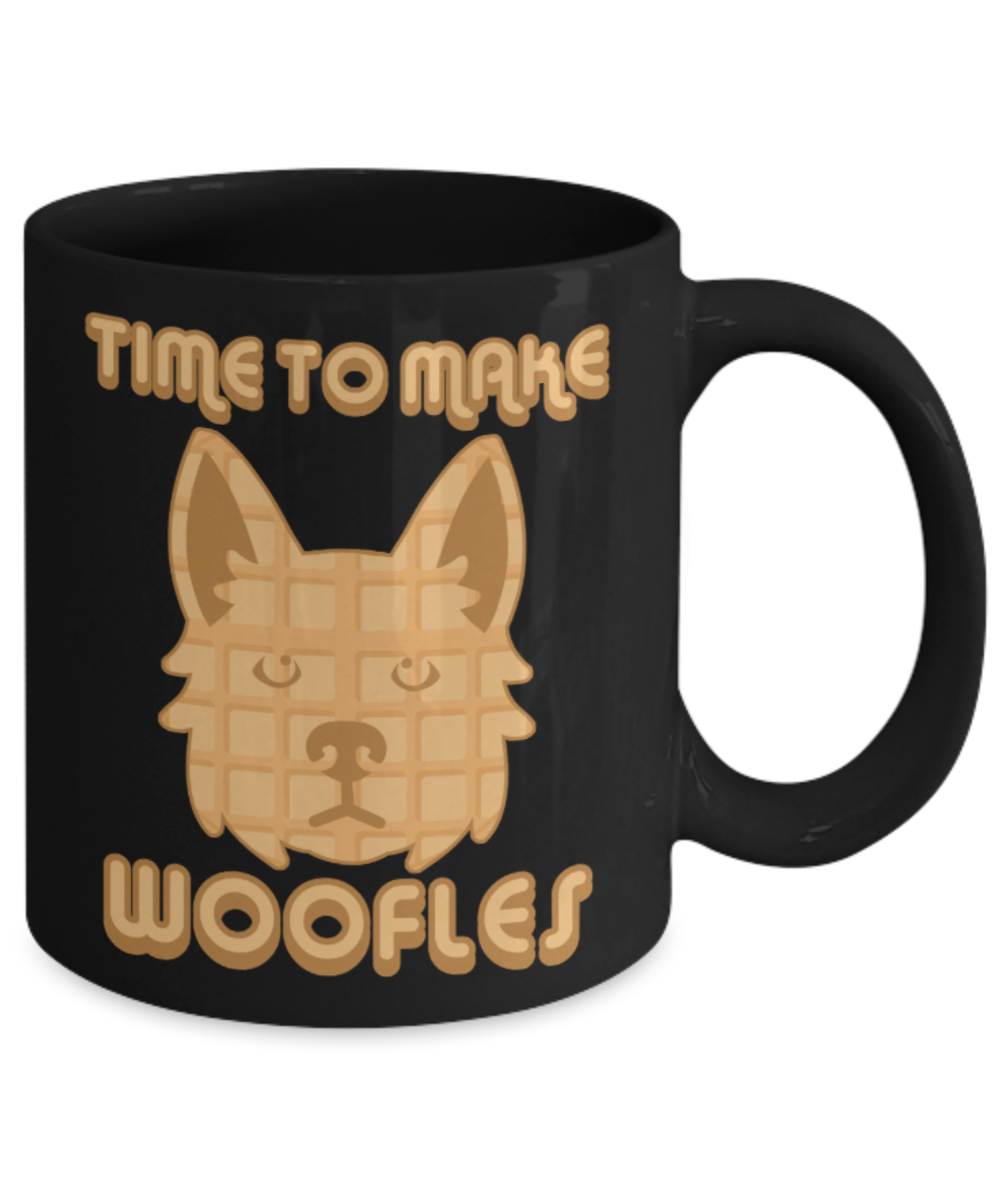 Dog Lovers Gifts , Time to make Woofles - Black Coffee Mug Porcelain Tea Cup 11 oz - Great Gift