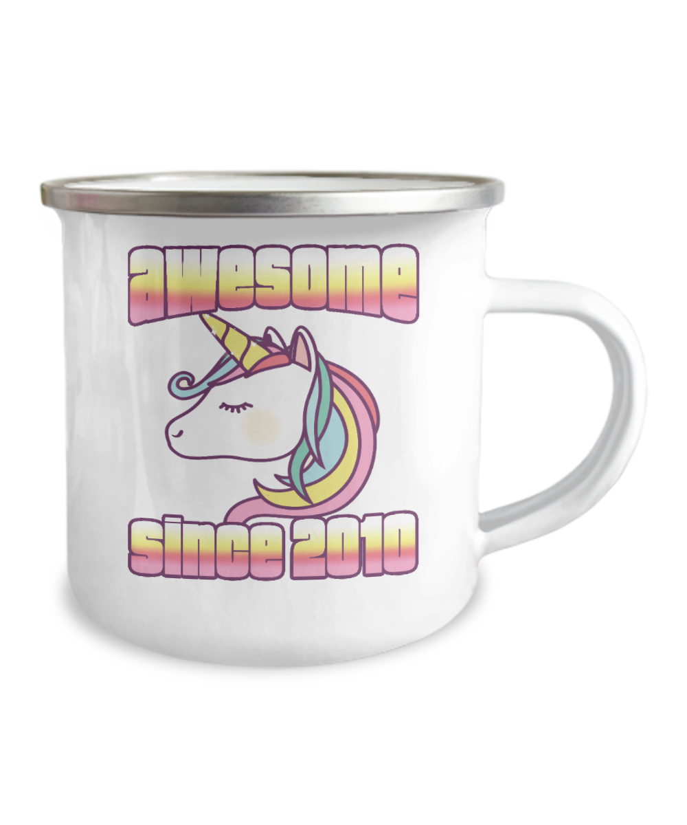 11th Birthday Unicorn Gift Coffee Mug, Awesome Since 2010 -12 Oz Stainless Steel Enamel Finish White Camper Coffee Mug