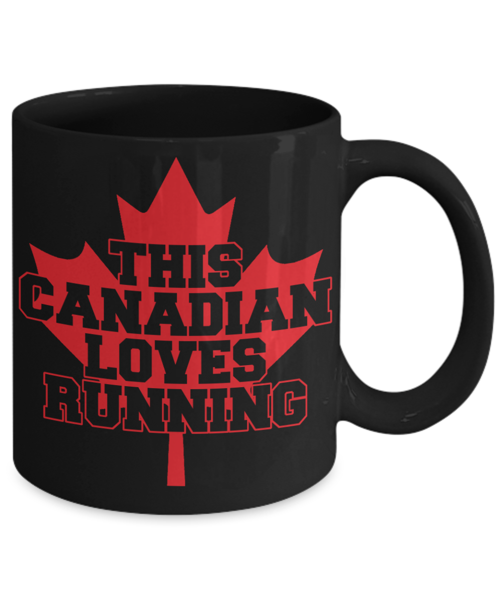 Canadian Gift Coffee mug, This Canadian Loves Running-Black Porcelain Coffee Mug 11 oz