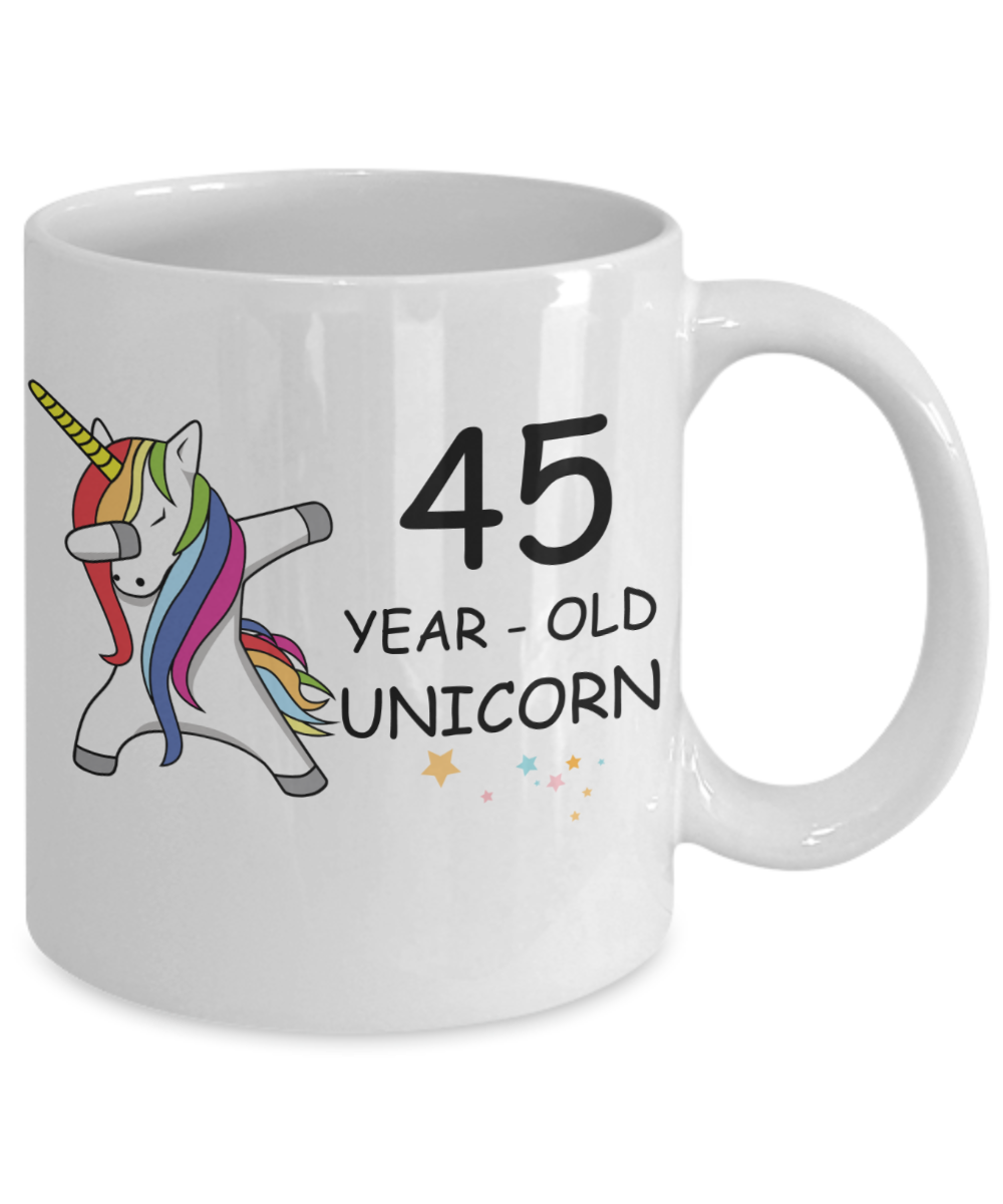 Unicorn Birthday gift 45th Birthday Gift for Women - 45 Year Old Unicorn Dabbing Mug - Funny White Porcelain Coffee 11 oz, 45th Anniversary Bday Gift for Grandma, Mom, Sister, Bestie - Legends are Born In 1975