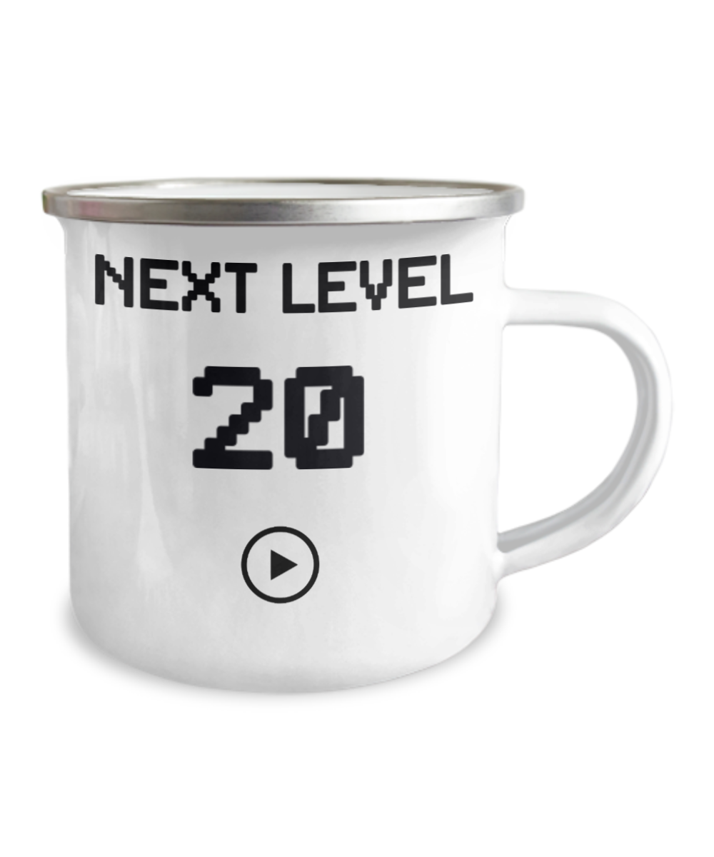 20th Birthday Special Gift Coffee Mug, Next Level 20, Gamer Coffee Mug, Birthday Mug- 12 Oz Stainless Steel Enamel Finish White Camper Coffee Mug
