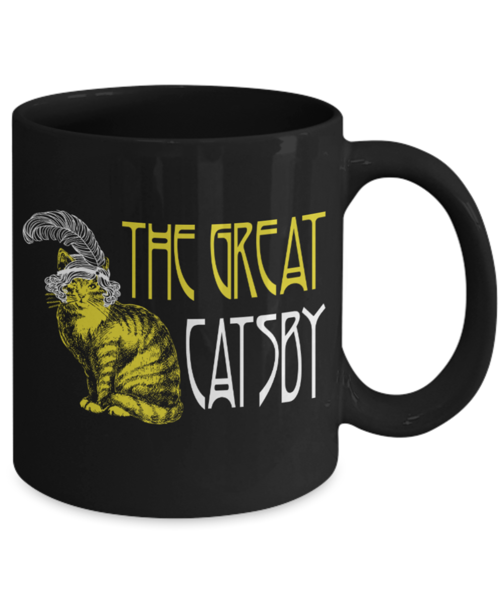 Cat Lovers Mugs , The Great Catsby - Black Coffee Mug Porcelain Tea Cup 11 oz - Great Gift