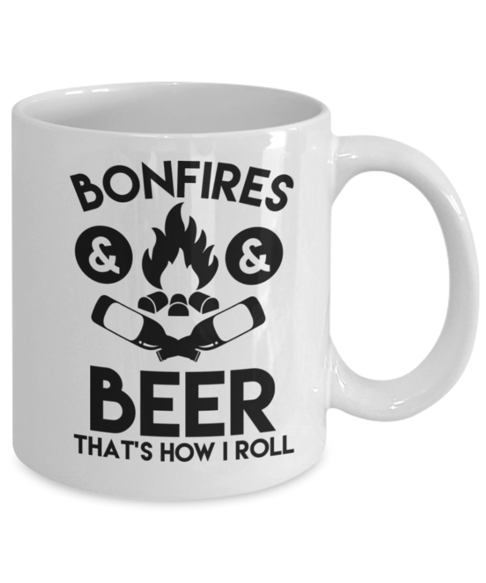 Beer Lovers Gifts , Bonfires & Beer - White Coffee Mug Porcelain Tea Cup 11 oz - Great Gift