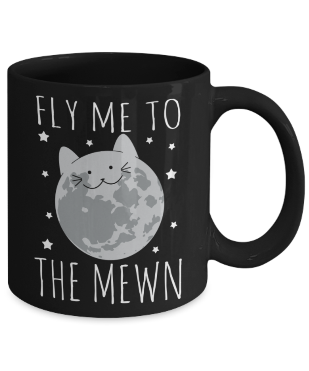 Cats Lovers Mugs , Fly me to Mewn - Black Coffee Mug Porcelain Tea Cup 11 oz - Great Gift
