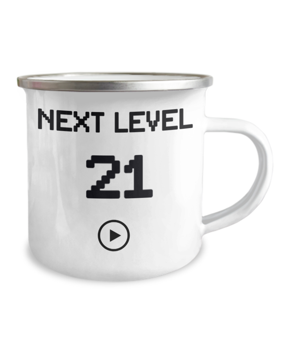 21st Birthday Special Gift Coffee Mug, Next Level 21, Gamer Coffee Mug, Birthday Mug- 12 Oz Stainless Steel Enamel Finish White Camper Coffee Mug
