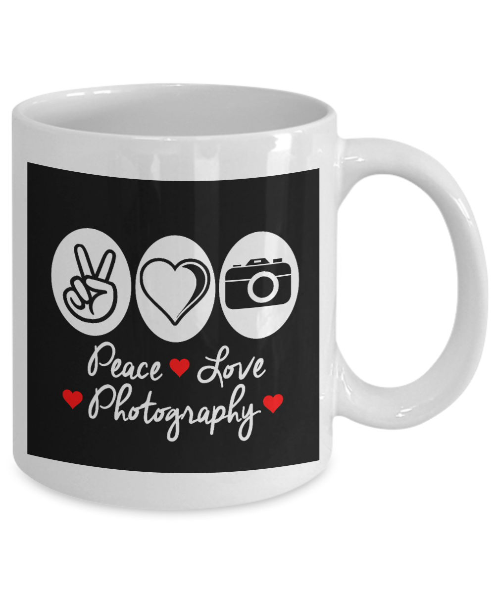 Best Photographer Gift Coffee Mug, Peace Love Photography -White Porcelain Coffee Mug 11 oz For Photography, Wild, Wedding, News, Pro, Photographer