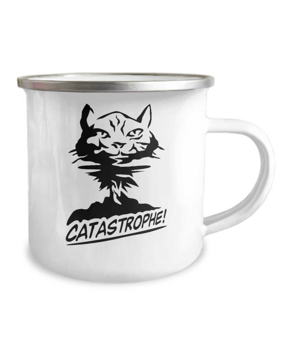 Camper Coffee Mug For cat lovers , Catastrophe -12 Oz Stainless Steel Enamel Finish White Camper Coffee Mug