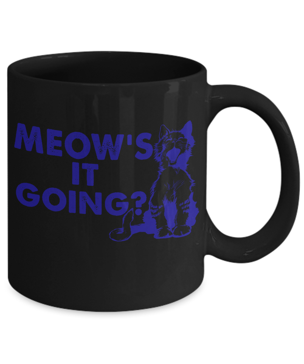 Cat Mom Coffee Mug,Meow's It Going-Black Porcelain Coffee Mug 11 oz For Cat Lover
