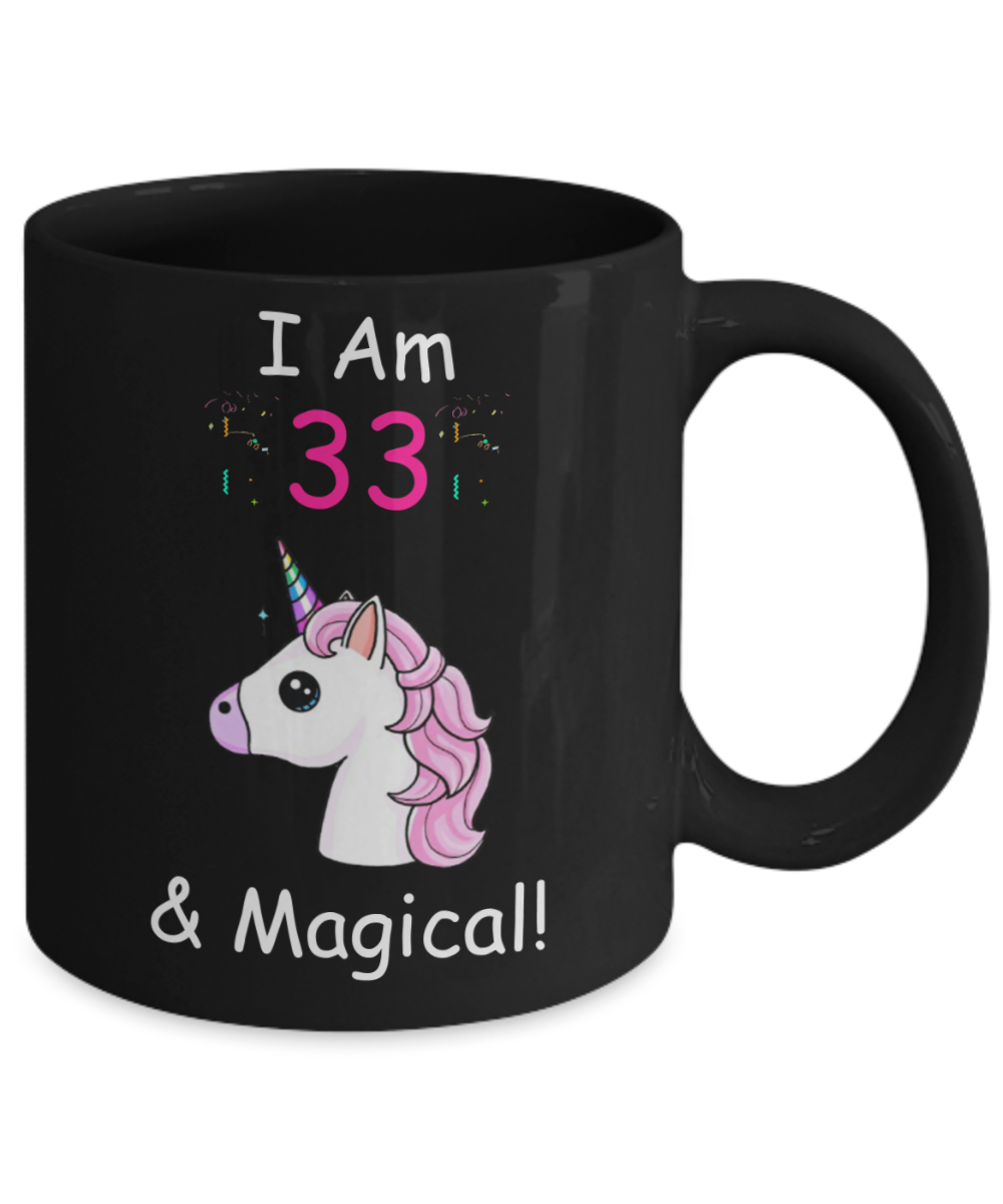 33rd Birthday Gift for Women - I Am 33 & Magical Unicorn Mug - Funny Black Porcelain Coffee 11 oz for Grandma, Mom, Sister, Best Friend, Women, Her - Legends are Born In 1987