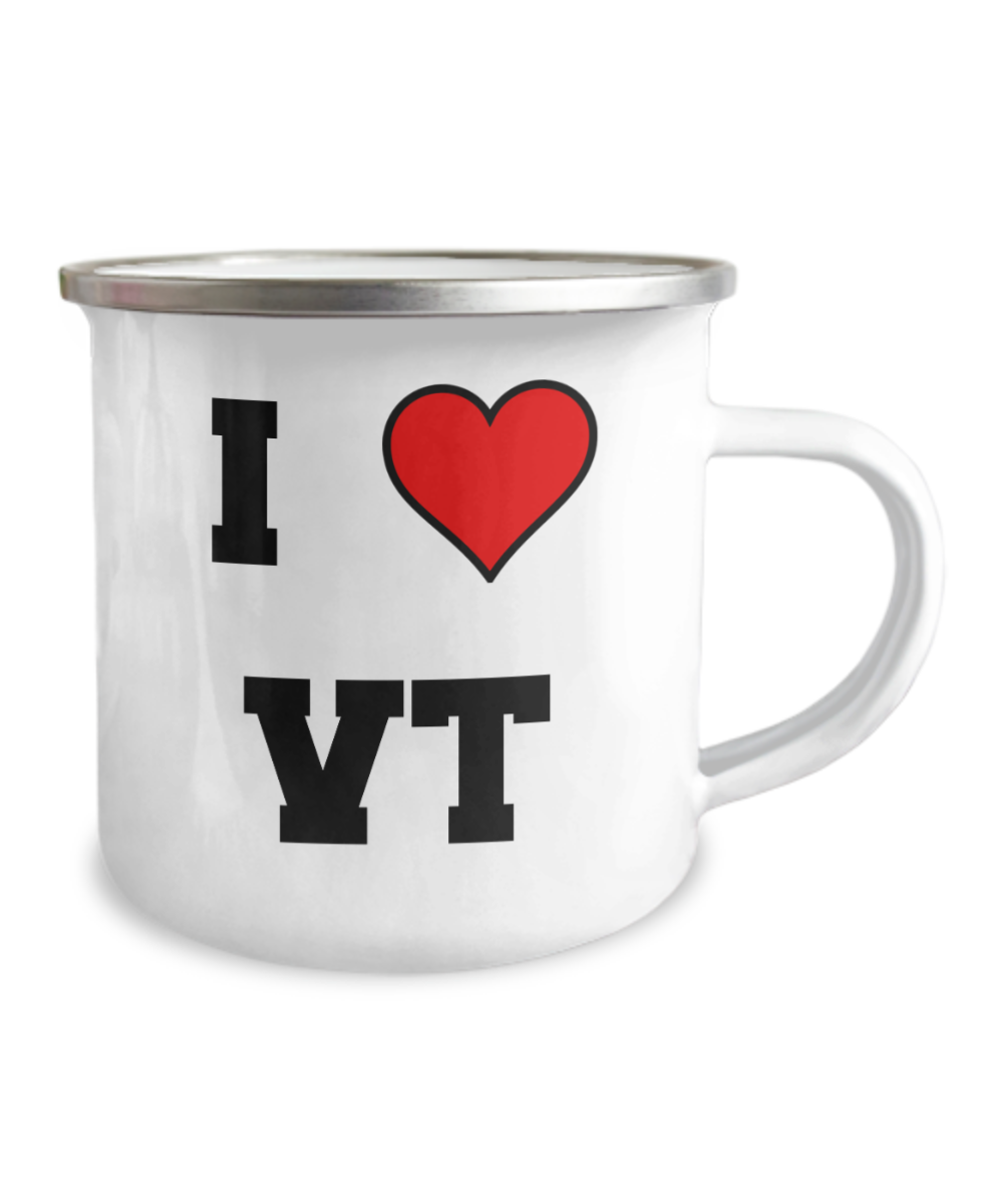 Vermont Camper Coffee Mug, I Love Vermont VT Abbreviation USA States - 12 Oz Stainless Steel Enamel Finish White Camper Coffee Mug