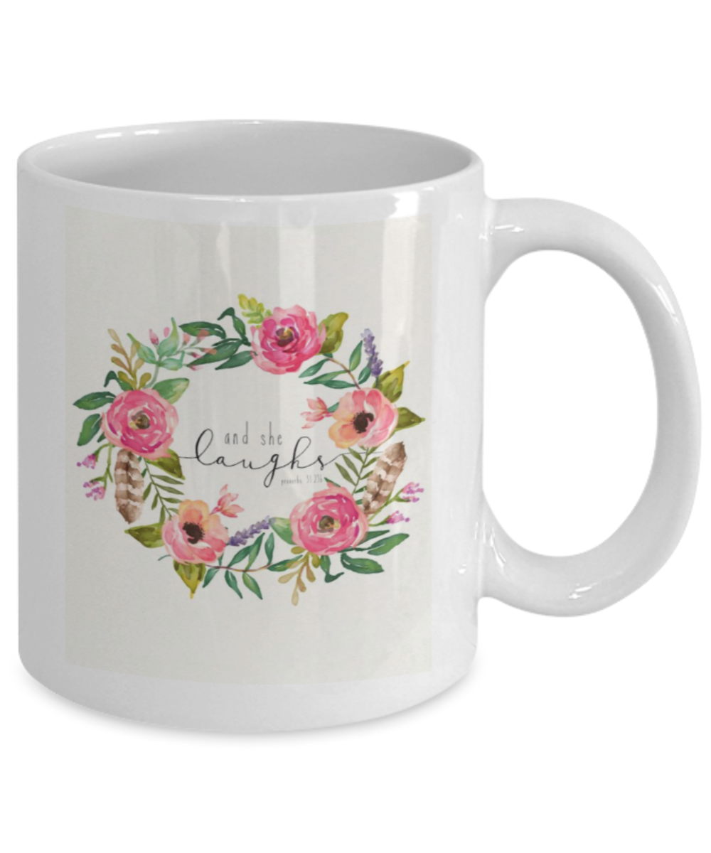 Bible verse mugs for women , And she laughs - White Coffee Mug Porcelain Tea Cup 11 oz - Great Gift