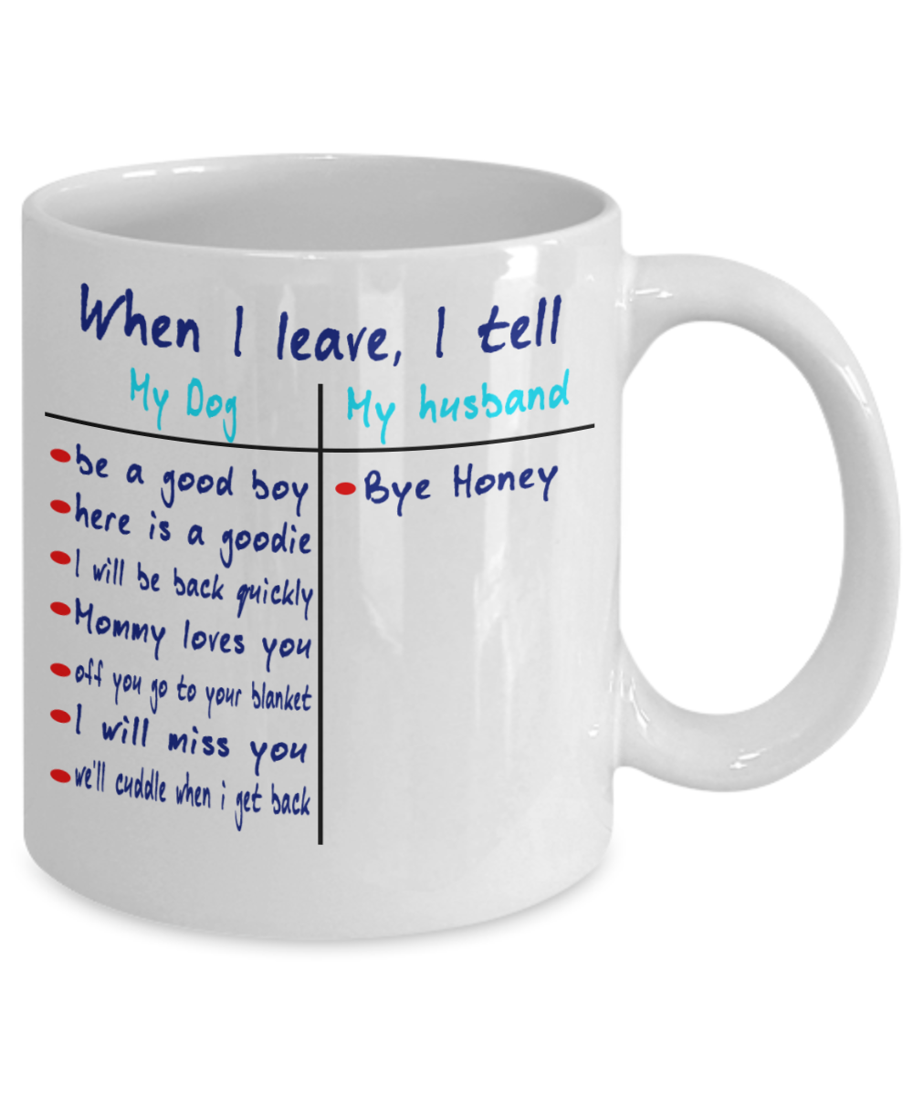 When I leave I tell my Dog - Funny Black Porcelain Coffee Mug Cute Ceramic Cup 11 oz