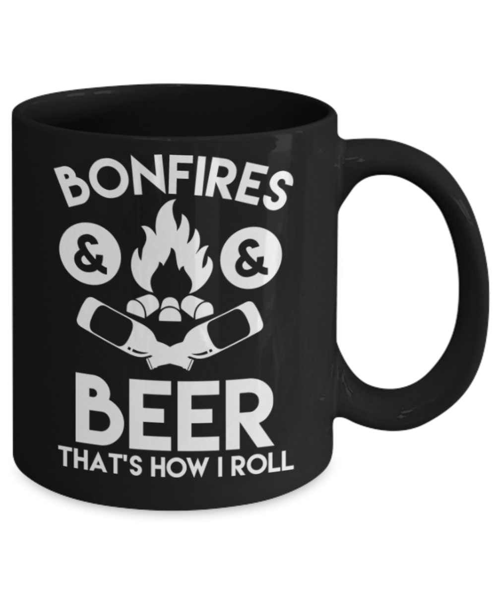 Beer Lovers Gifts , Bonfires & Beer - Black Coffee Mug Porcelain Tea Cup 11 oz - Great Gift